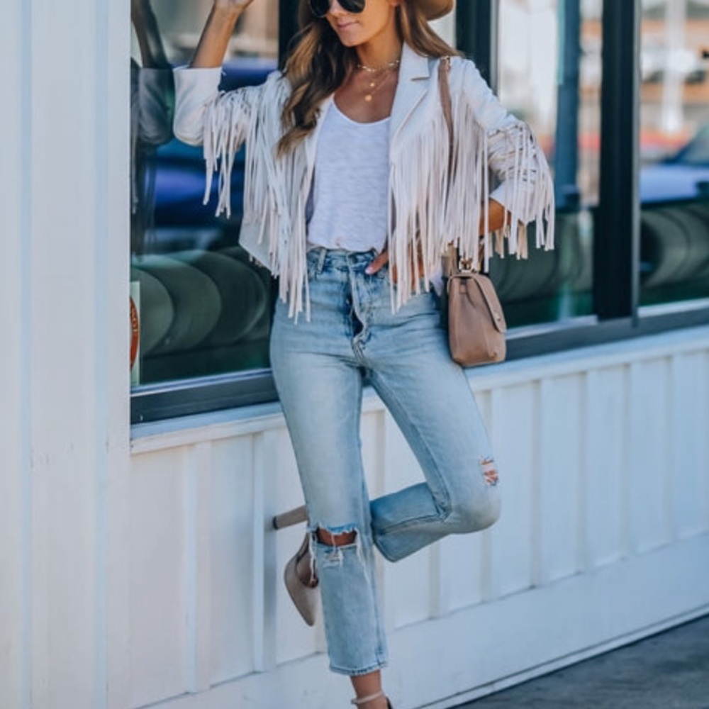 Off White Tassel suede women fringe jacket long sleeve jacket - Picture 8 of 8